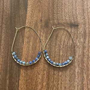 Blue and gold beaded hoop earrings
